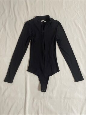 A&F Ribbed Zip-Front Black Bodysuit (XS)